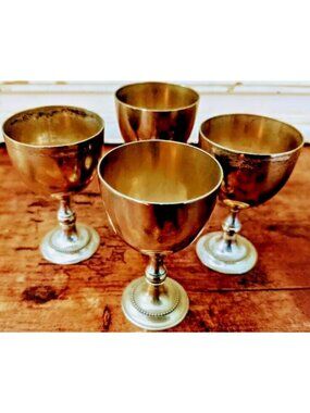 4 Vintage Brass Mini Goblet Shot Glasses – Rustic Patina  2.75" Wide x 1.5" Tall